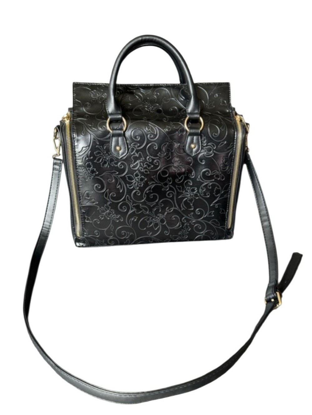Black Embossed Satchel with Shoulder Strap